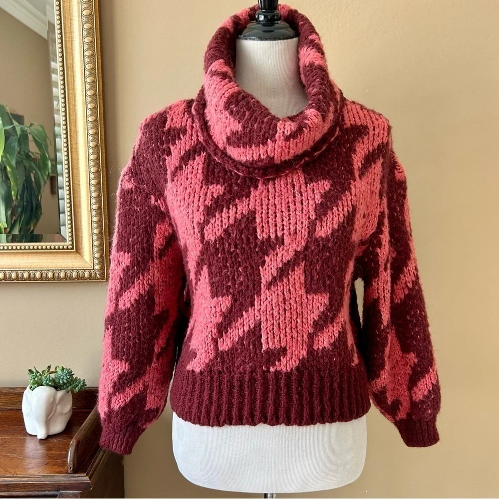 Anthropologie Ginny Oversized Houndstooth Sweater Turtleneck Cowl Neck Cropped - Picture 4 of 14